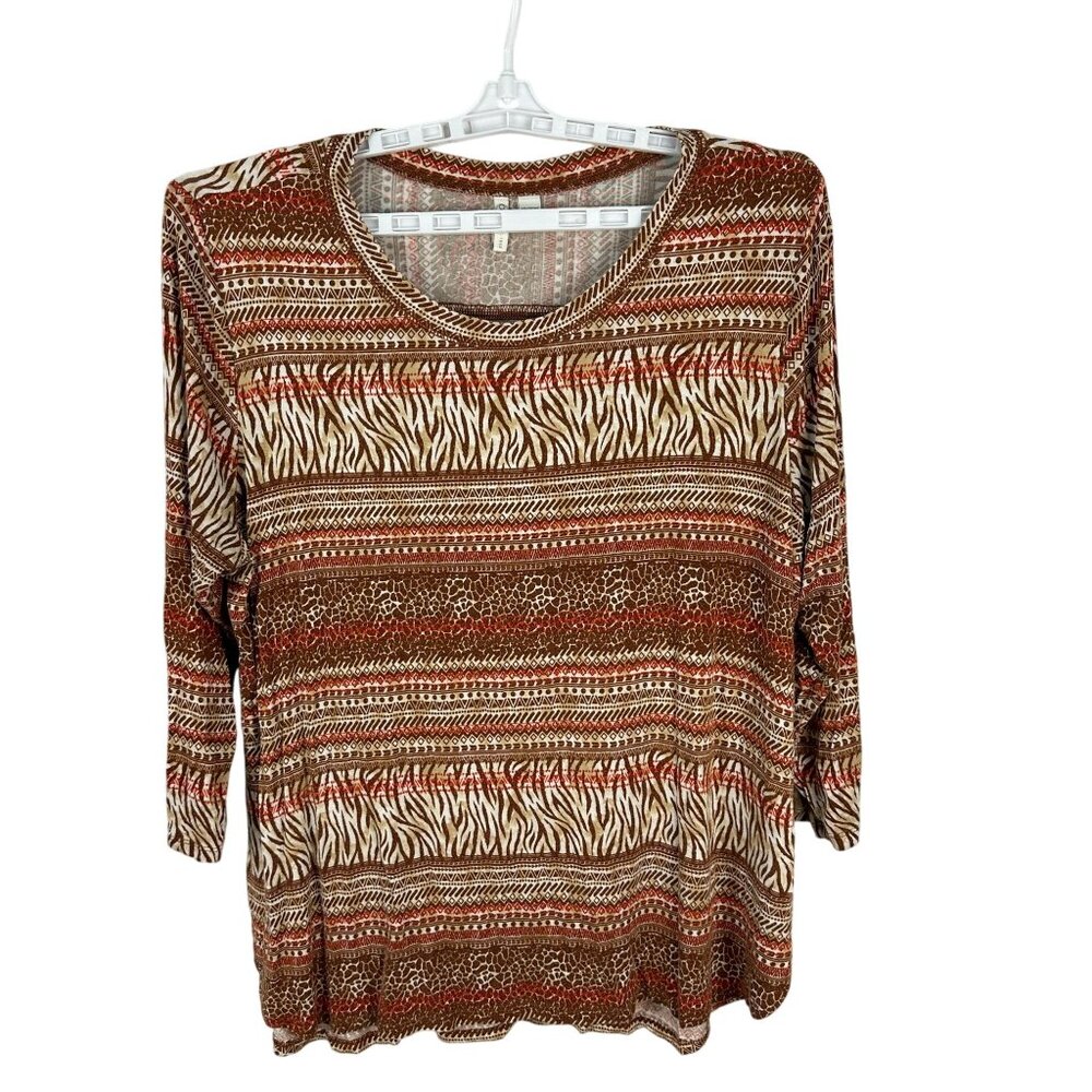 Cato Womens Plus 18/20W Brown Print 3/4 Sleeve Stretch Blouse Rayon/Spandex